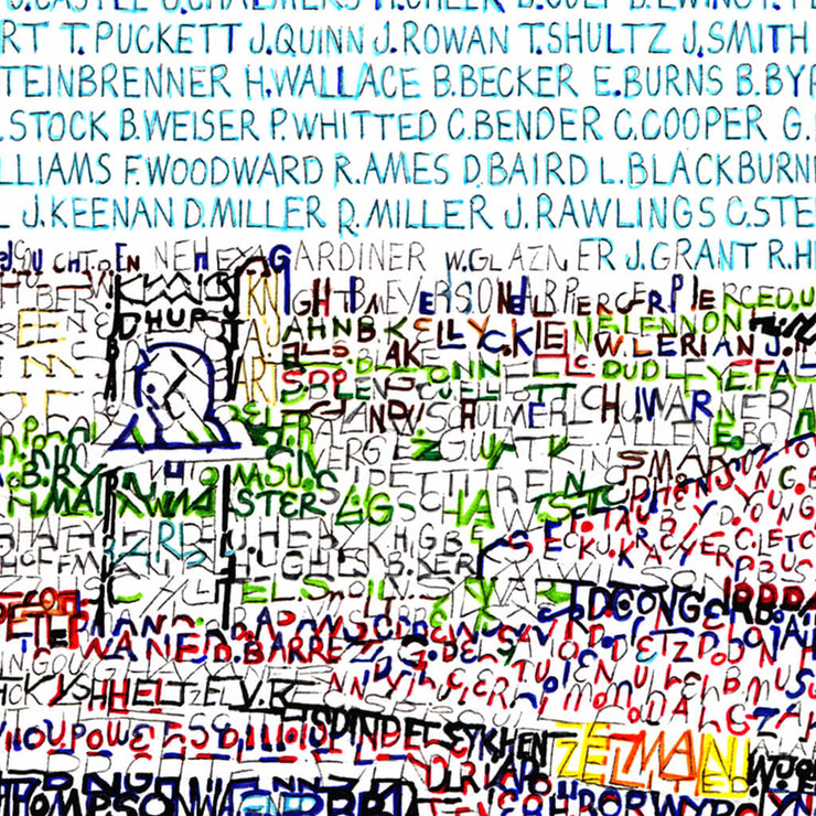 Inside of Citizens Bank Park Phillies Stadium illustrated color print handwritten with the names of every Phillie since 1883.