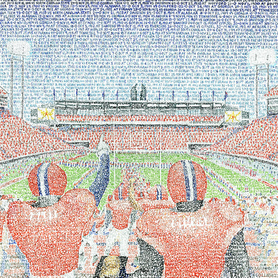 Word art scene of Clemson Tigers taking the field at Clemson Memorial Stadium, handwritten with the team’s wins through 2018.