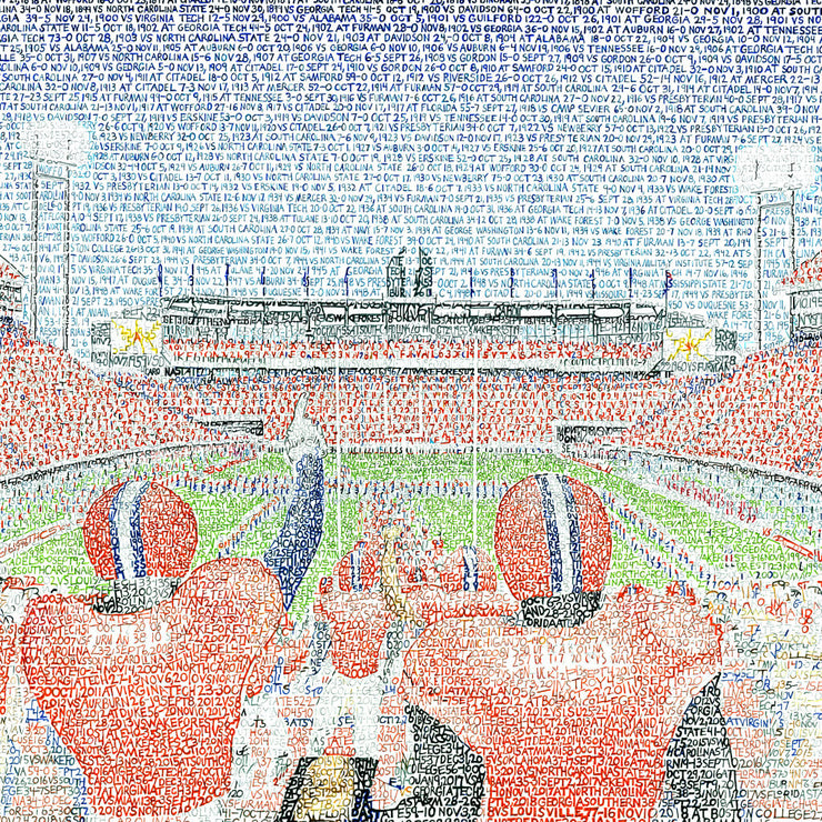 Word art scene of Clemson Tigers taking the field at Clemson Memorial Stadium, handwritten with the team’s wins through 2018.