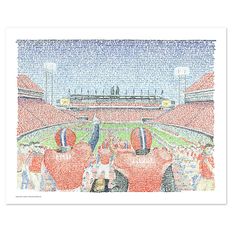 Unframed word art print of players and fans at Clemson Memorial Stadium, handwritten with Clemson Tiger wins through 2018.