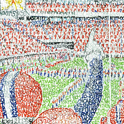 Detail of Clemson Memorial Stadium word art shows handwritten team wins forming player’s helmet and arm, fans, band, and field.