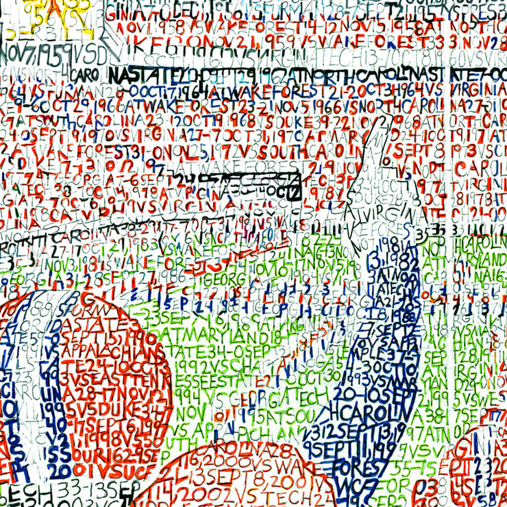 Detail of Clemson Memorial Stadium word art shows handwritten team wins forming player’s helmet and arm, fans, band, and field.