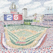 Illustration of Progressive Field Cleveland Indians Stadium made of handwritten names of all Indians players since 1901.