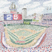 Illustration of Progressive Field Cleveland Indians Stadium made of handwritten names of all Indians players since 1901.