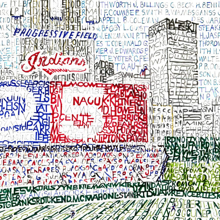 Art of inside of Progressive Field Cleveland Indians Stadium made of handwritten names of all Indians players since 1901.