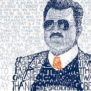 Portrait of Chicago Bears Mike Ditka illustrated with hand-written words about him and quotes in navy blue and orange.