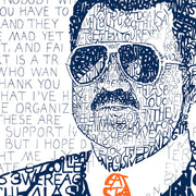 Chicago Bears Gift hand-drawn portrait print of Chicago Bears Mike Ditka with words and quotes about him in blue and orange.