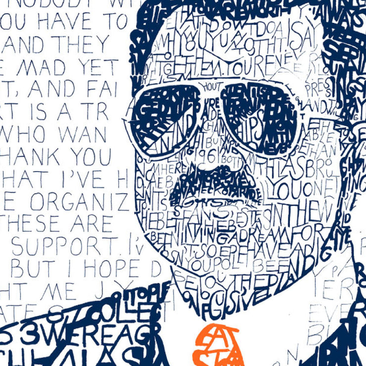 Chicago Bears Gift hand-drawn portrait print of Chicago Bears Mike Ditka with words and quotes about him in blue and orange.