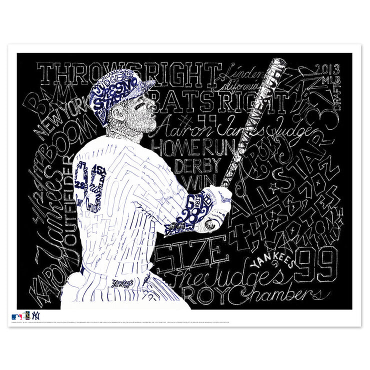 Unframed word art Aaron Judge poster, handwritten with his player profile and rookie year achievements.