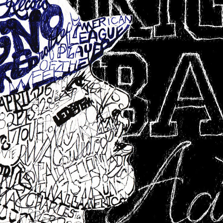 Detail of word art Aaron Judge poster showing how words written in blue, white, and black form his face, cap, and background.