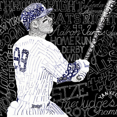 Word art portrait of New York Yankee Aaron Judge at bat, handwritten with his player profile and rookie year achievements.