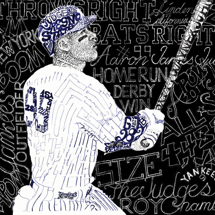 Word art portrait of New York Yankee Aaron Judge at bat, handwritten with his player profile and rookie year achievements.