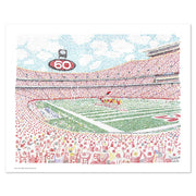 Unframed print of view of fans and field at Kansas City Chiefs’ Arrowhead Stadium, handwritten with all-time team roster.