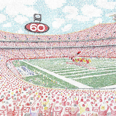 Word art view of fans and field at Arrowhead Stadium, handwritten with all-time Kansas City Chiefs team roster.
