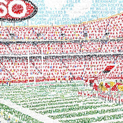 Detail of word art shows how handwritten all-time Kansas City Chiefs team roster forms fans and field at Arrowhead Stadium.