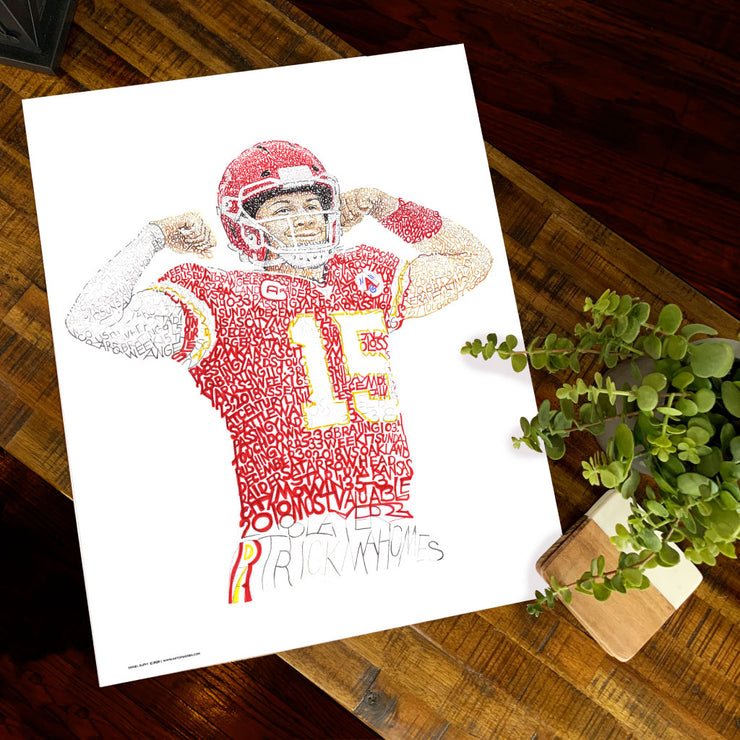  Patrick Mahomes gift portrait with red, yellow, white words from Kansas City Chiefs art collection by Dan Duffy on table.