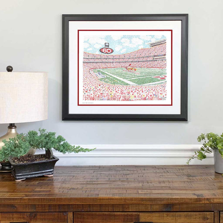 Matted and framed Arrowhead Stadium word art print hanging on wall makes one of the best Kansas City Chiefs gifts.