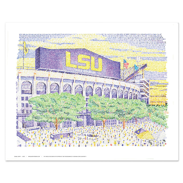 Purple and yellow LSU Tiger arwork of LSU stadium and green trees and spectators comprised of hand-written words.