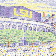 Purple and yellow LSU Tiger drawing of LSU stadium comprised of words with green trees and spectators also made of words.