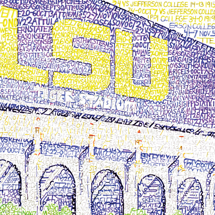 Purple and yellow LSU Tiger drawing with LSU made of hand-drawn words describing LSU tigers on side of stadium.