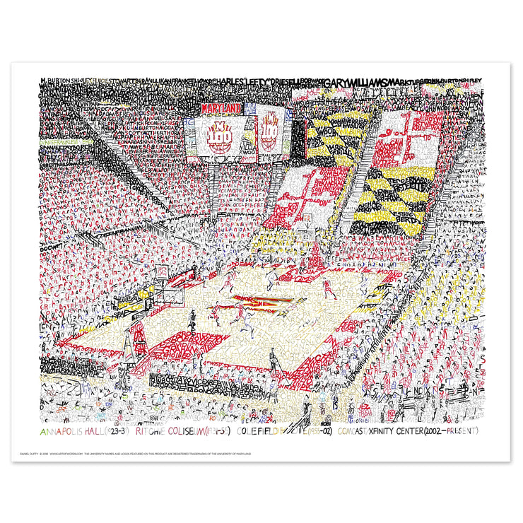 Print of University of Maryland Men’s Basketball Xfinity Center made with handwritten names of every team player and coach.