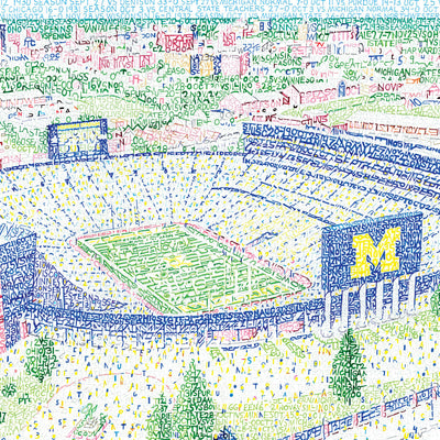  Illustration made of hand-written words of ariel view of the big house Michigan Stadium, perfect as Michigan Wolverines gift. 