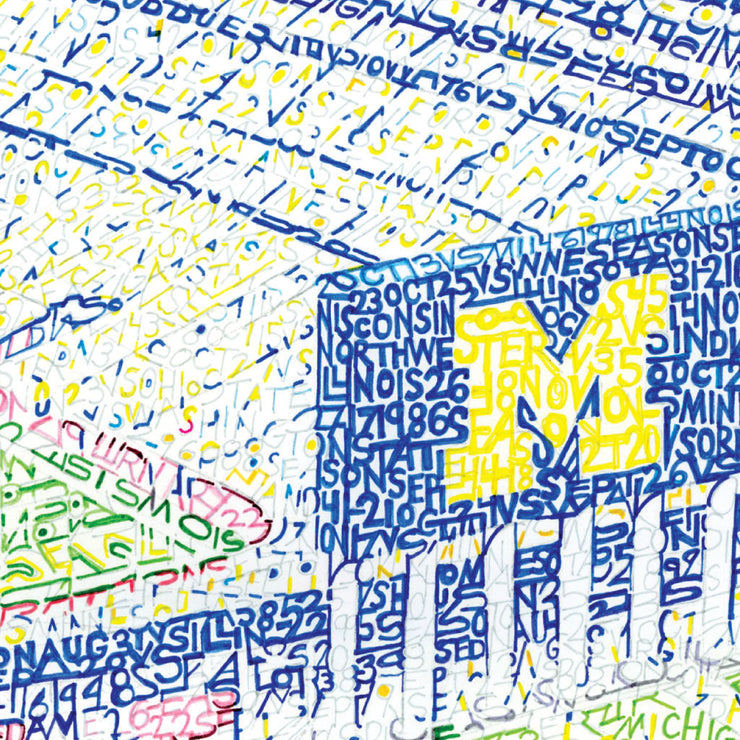 Blue and yellow artwork depiction of the big house Michigan Stadium scoreboard made with hand-written words.