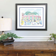 Print of Milwaukee Miller Park Brewers Stadium artwork in green and red with hand-drawn words above wood table.