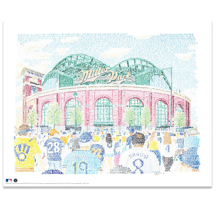 Portrait print of Miller Park Milwaukee Stadium in green and red, crowd in front, illustrated with hand-drawn words.