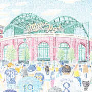 Portrait of Miller Park Brewers Stadium in green and red, crowd in front, illustrated with hand-drawn words about stadium.