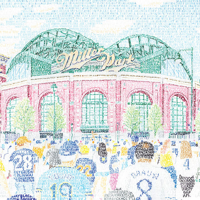 Portrait of Miller Park Brewers Stadium in green and red, crowd in front, illustrated with hand-drawn words about stadium.