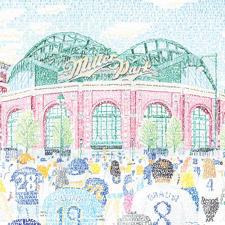 Portrait of Miller Park Brewers Stadium in green and red, crowd in front, illustrated with hand-drawn words about stadium.