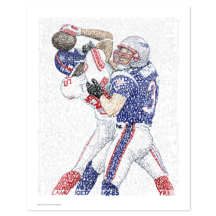 Unframed word art print of David Tyree’s helmet catch, handwritten with the 2007 Giants’ roster of games.