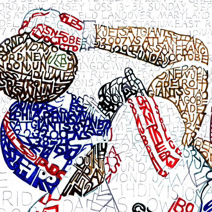 Detail of word art handwritten with the 2007 Giants’ roster of games shows words forming image of David Tyree’s helmet catch.