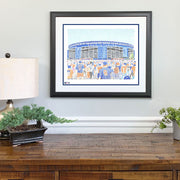 Framed Shea Mets Stadium art made with handwritten names of every Met in history on wall above wood dresser.