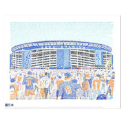 Illustration of Shea Mets Stadium made with handwritten names of every Met in history as part of Mets gift art collection.