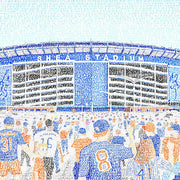 Illustration of Shea Mets Stadium made with blue and orange handwritten names of every Met in history (1962-2008).