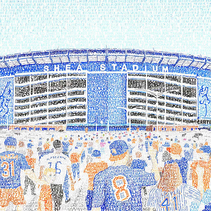 Illustration of Shea Mets Stadium made with blue and orange handwritten names of every Met in history (1962-2008).