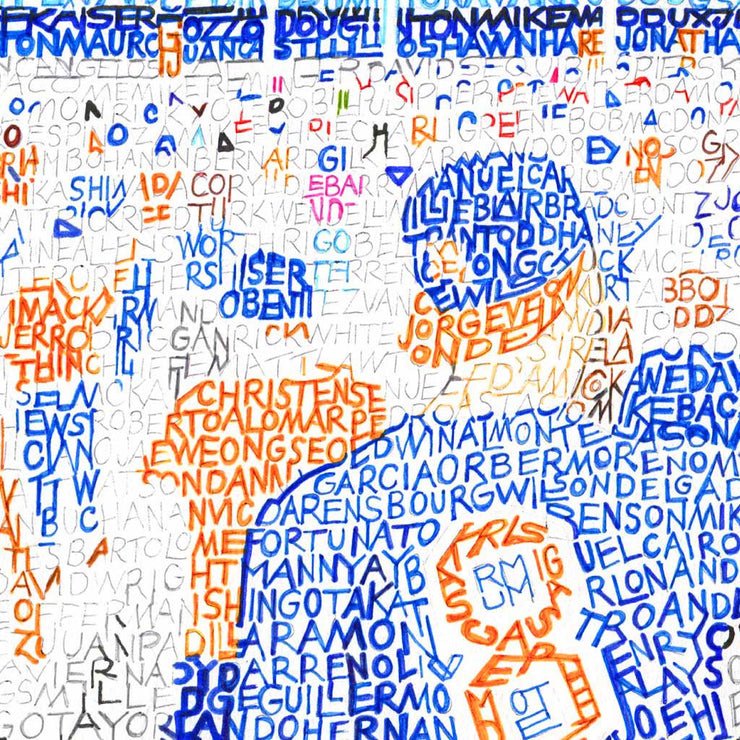 Mets fans featured in Mets gift art made with blue and orange handwritten names of every Met in history (1962-2008).
