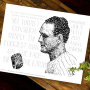 Black, white, gray profile of Lou Gehrig baseball player for the Yankees hand-drawn with descriptive words on wood table.
