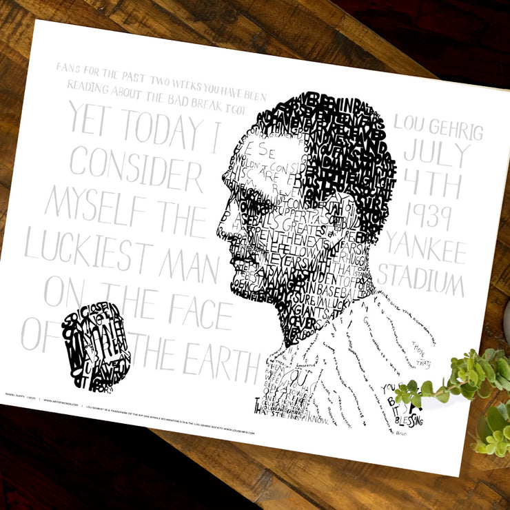 Black, white, gray profile of Lou Gehrig baseball player for the Yankees hand-drawn with descriptive words on wood table.