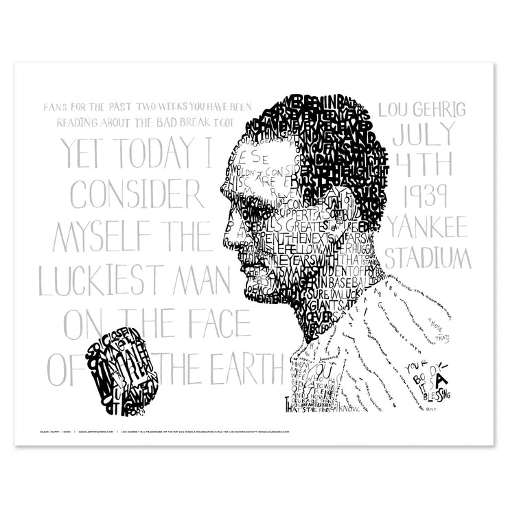 Black, white, gray portrait of Lou Gehrig baseball player for the Yankees made with hand-drawn words. 