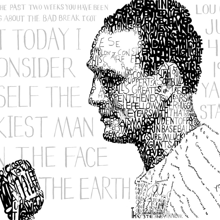 Black, white, and gray portrait profile of Lou Gehrig baseball player for the Yankees hand-drawn with descriptive words. 