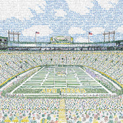 Word art view of fans and field at Lambeau Field, handwritten with the names of all Green Bay Packers through 2017.