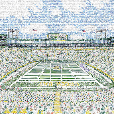 Word art view of fans and field at Lambeau Field, handwritten with the names of all Green Bay Packers through 2017.