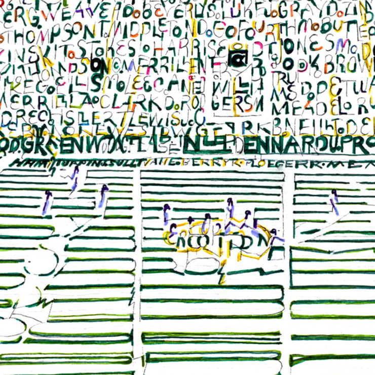 Detail of Lambeau Field word art shows names of all Green Bay Packers through 2017 forming fans and field.