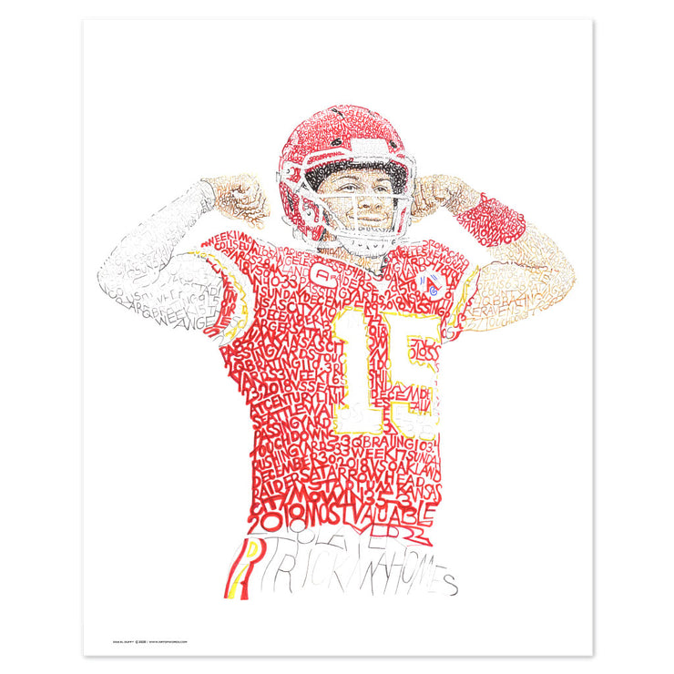 Kansas City Chiefs art print of 2018 MVP No. 15 Patrick Mahomes with red, yellow, white words by artist Dan Duffy. 