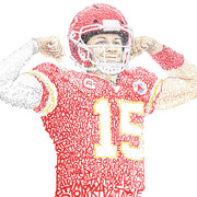 Patrick Mahomes gift portrait with red, yellow, white words describing 2018 MVP Kansas City Chiefs football player.
