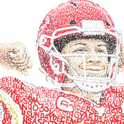 Patrick Mahomes gift portrait of player wearing helmet and uniform made of red, yellow, white words about the 2018 MVP. 