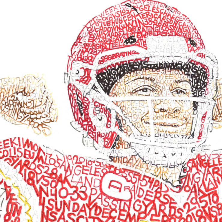 Patrick Mahomes gift portrait of player wearing helmet and uniform made of red, yellow, white words about the 2018 MVP. 